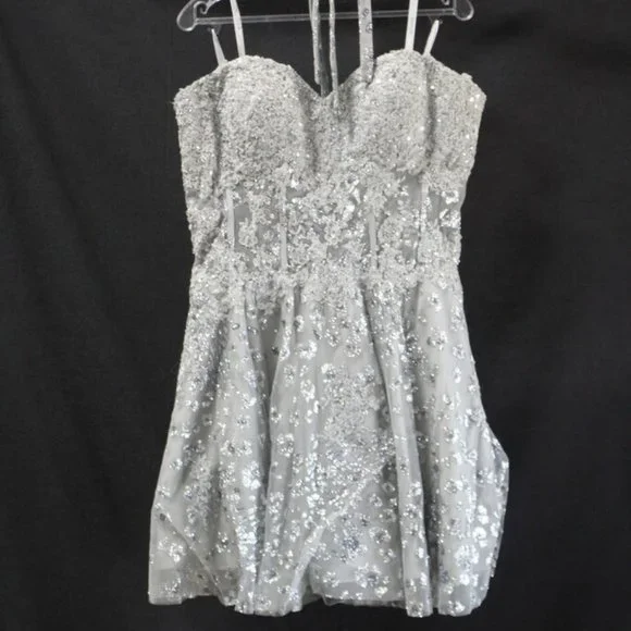 Jovani Short Silver Sequined Glitter Strapless Cocktail Dress Size 16